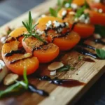 An assortment of fresh apricots, spices, honey, and herbs displayed on a wooden board, showcasing perfect flavor enhancers for apricot recipes.