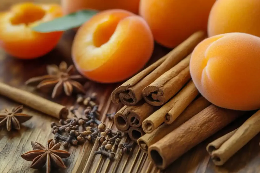 Fresh apricots combined with cinnamon sticks on a rustic wooden table, offering a simple yet flavorful pairing.