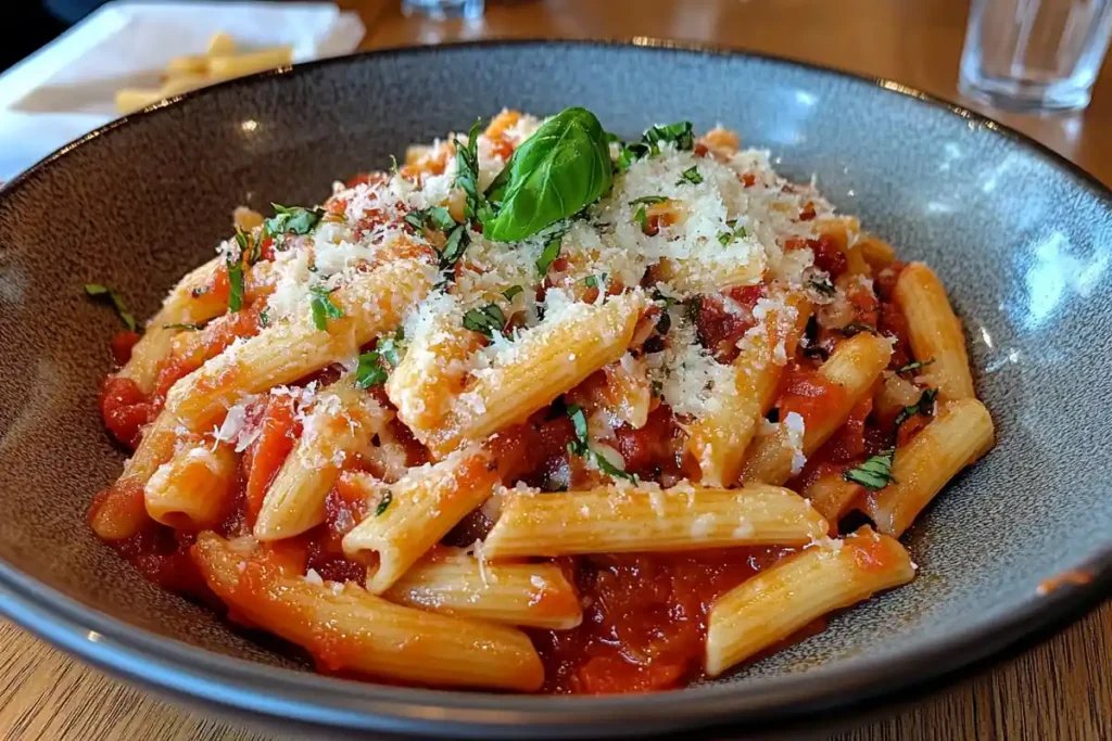 Casarecce Pasta with tomato sauce and basil garnish