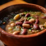 Traditional Portuguese bean soup in a rustic bowl with sausage and beans.