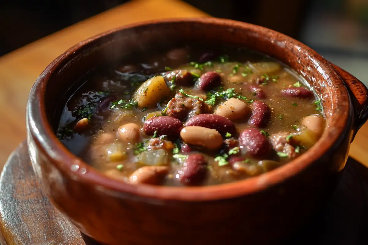 Traditional Portuguese bean soup in a rustic bowl with sausage and beans.