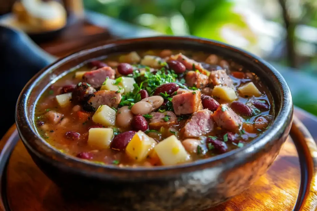 Classic Punahou Portuguese bean soup in a bowl with sausage and beans.