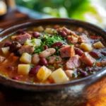 Classic Punahou Portuguese bean soup in a bowl with sausage and beans.