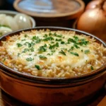 A baked French Onion Soup Rice casserole with melted cheese on top.