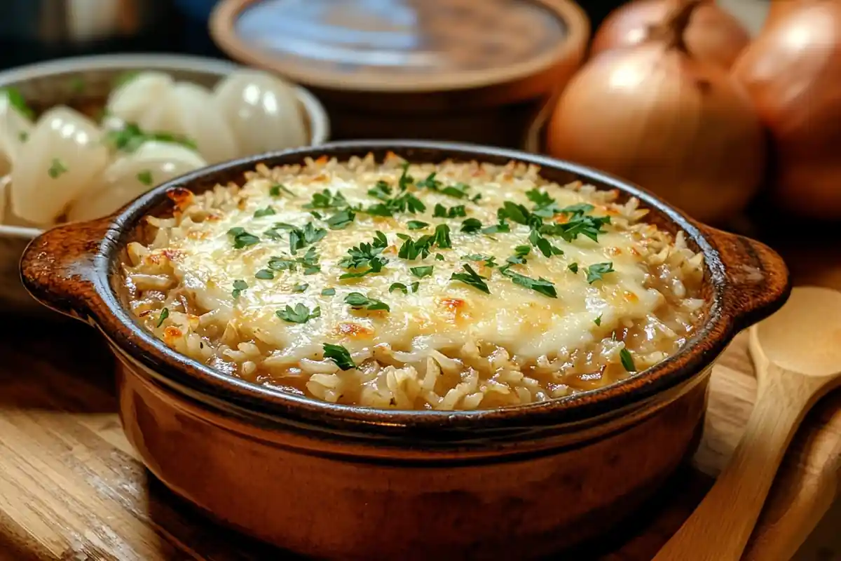 A baked French Onion Soup Rice casserole with melted cheese on top.