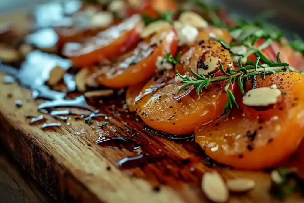 A vibrant display of fresh apricots alongside almonds, goat cheese, honey, and thyme, offering inspiration for creating apricot-based dishes.