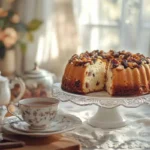 Bishop Cake served with a cup of tea on a wooden table