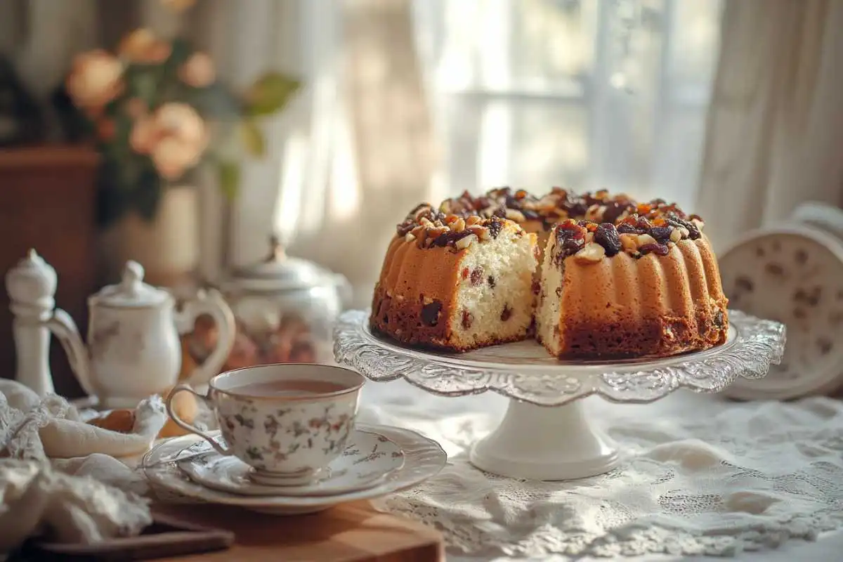 Bishop Cake served with a cup of tea on a wooden table