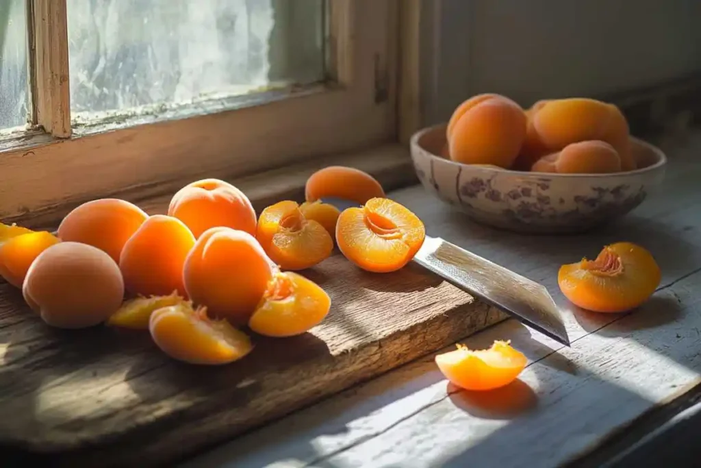 Fresh apricots being blanched in hot water, an easy method to loosen their skins for peeling.