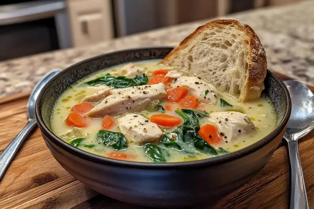 A bowl of creamy Chicken Florentine Soup garnished with fresh spinach.