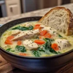 A bowl of creamy Chicken Florentine Soup garnished with fresh spinach.