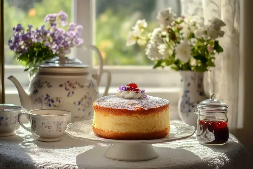 Afternoon tea table with British desserts, including scones and Victoria sponge cake