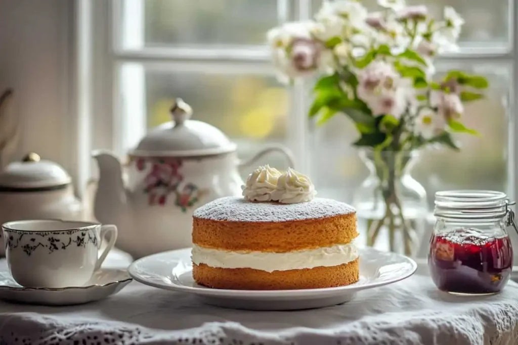 British tea scene with cake slices and jam jars on a rustic table