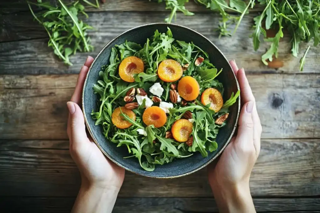 Roasted apricots with burrata cheese and mixed greens