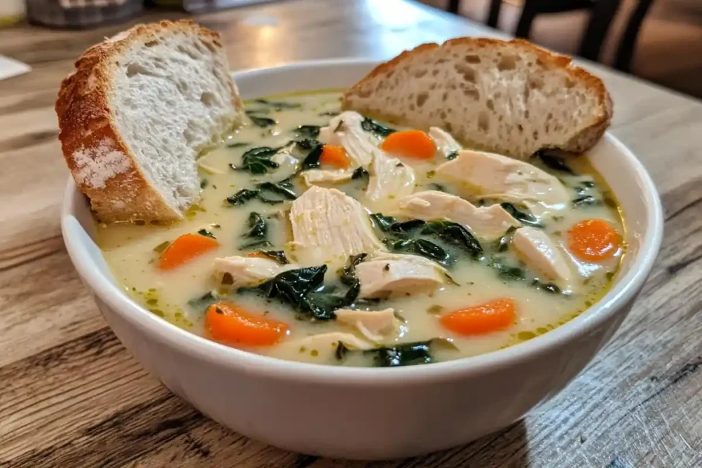 Chicken Florentine Soup in a pot, ready to serve.