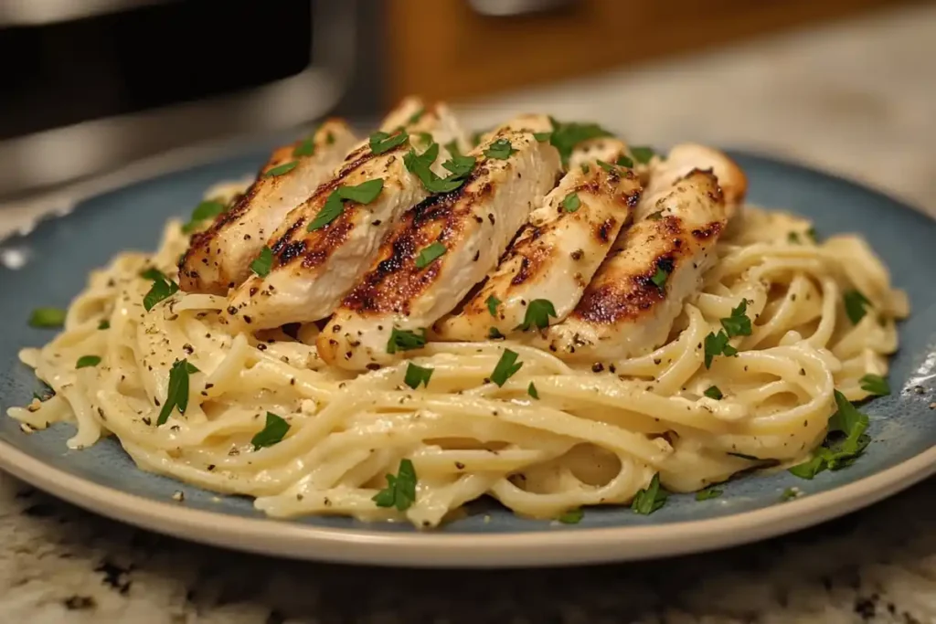 Olive Garden chicken pasta served with garlic bread on a wooden table