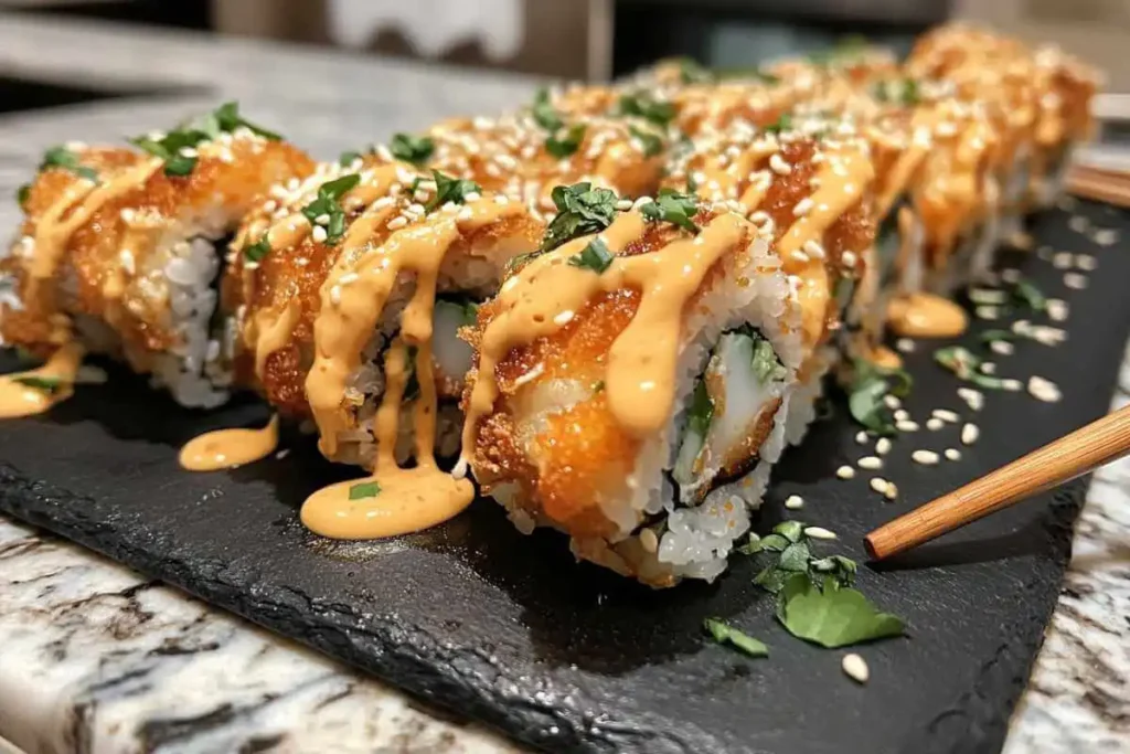 A plate of Chicken Tempura Rolls garnished with spicy mayo and green onions