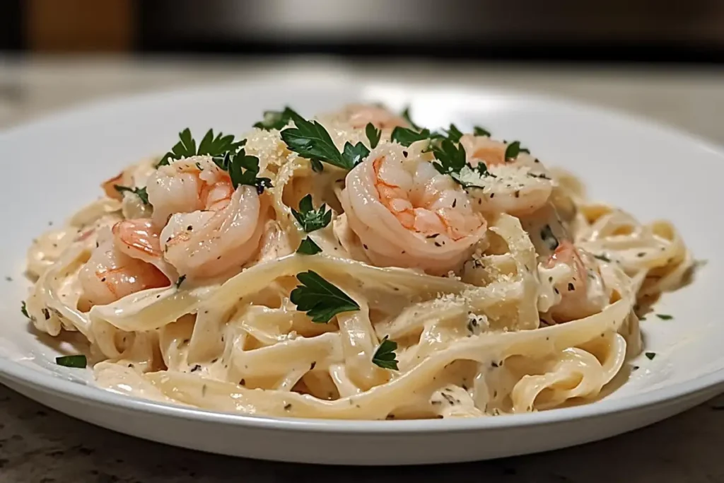 Creamy shrimp Alfredo pasta with Parmesan and parsley.