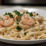 Creamy shrimp Alfredo pasta with Parmesan and parsley.