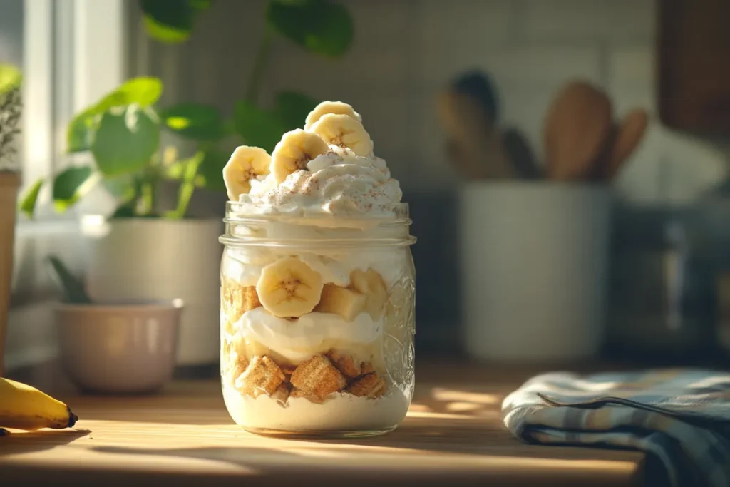 Vegan banana pudding in a glass dish with banana slices