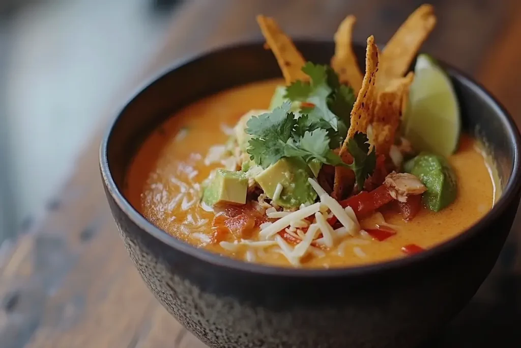 Close-up of creamy chicken tortilla soup garnished with avocado and lime