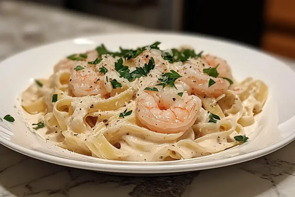 Close-up of shrimp Alfredo with garlic sauce on pasta.