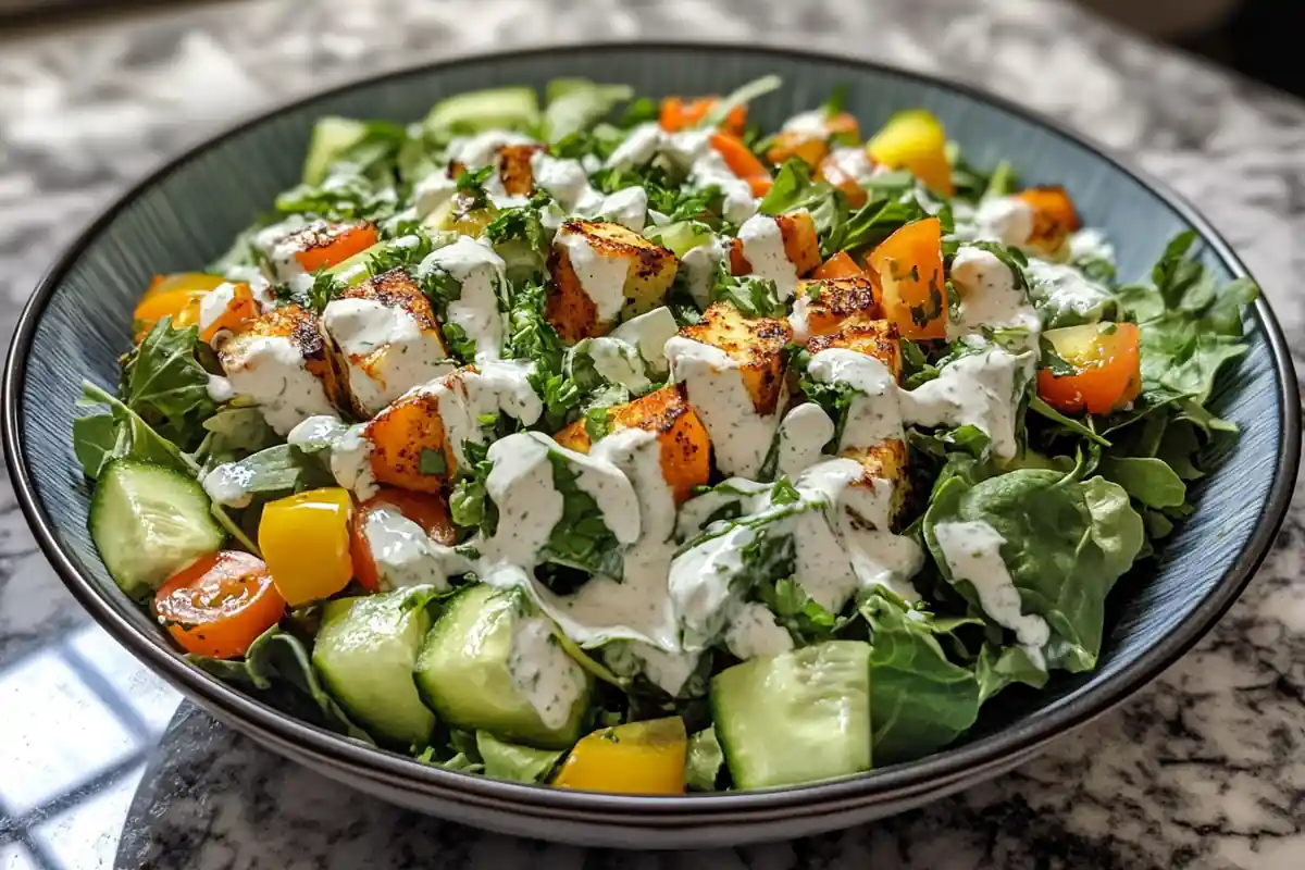 A close-up of Green Goddess Salad with fresh herbs.