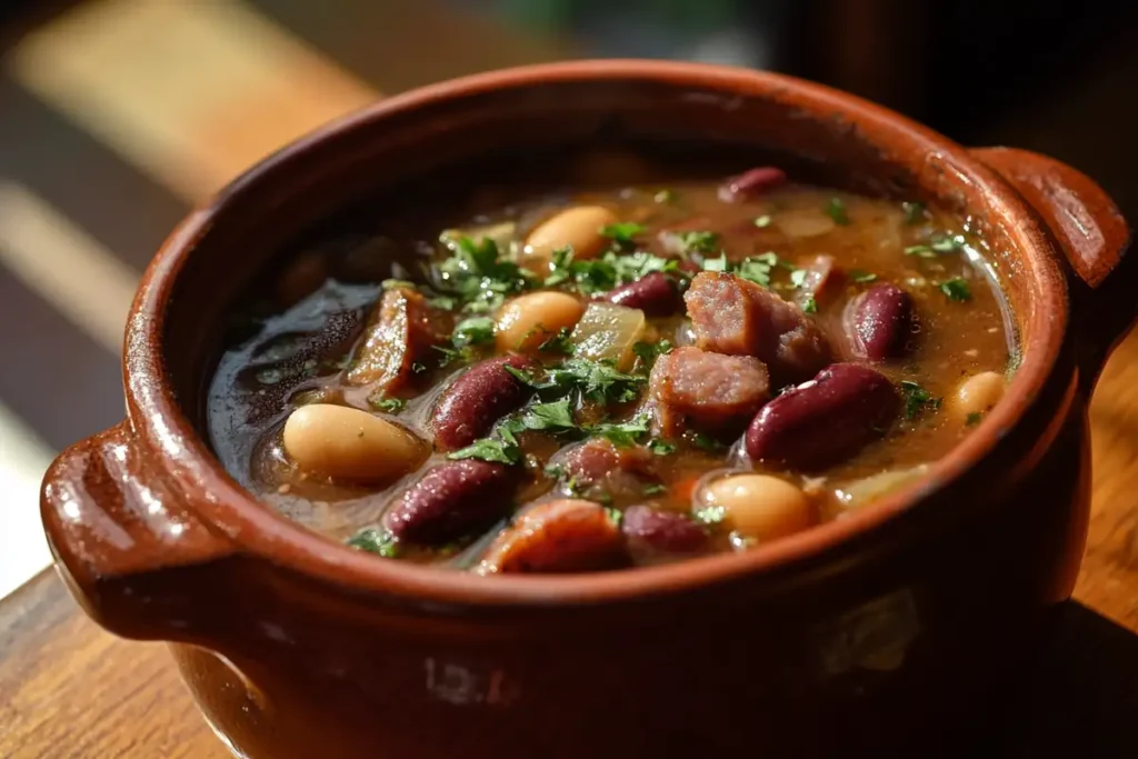 Close-up of Portuguese bean soup with smoked sausage and kidney beans.