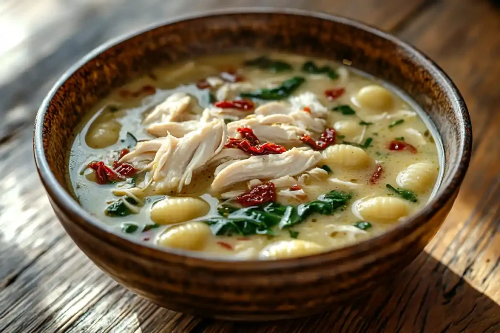 Close-up of chicken gnocchi soup with sun-dried tomatoes