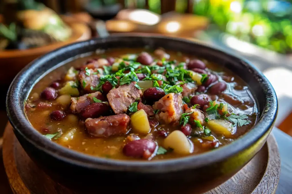 Close-up of Punahou bean soup with ham hock and kidney beans.