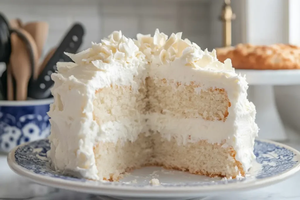 Fluffy cloud cake slice with fresh berries on the side