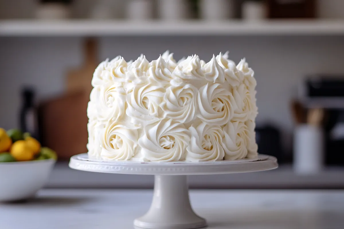 Cloud-shaped cake on a cake stand with pastel decorations