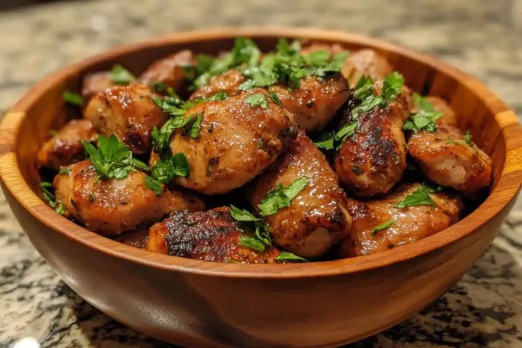 Chicken hearts being cooked in a skillet with garlic and onions