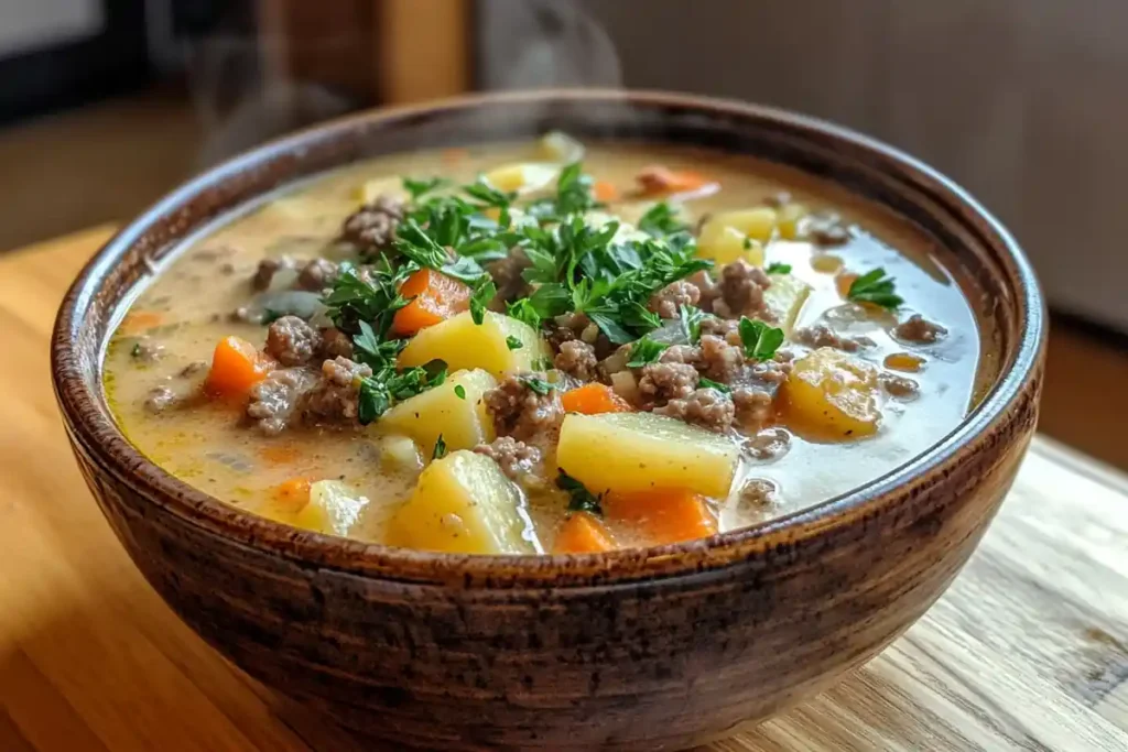 Hamburger potato soup simmering in a pot on the stove.