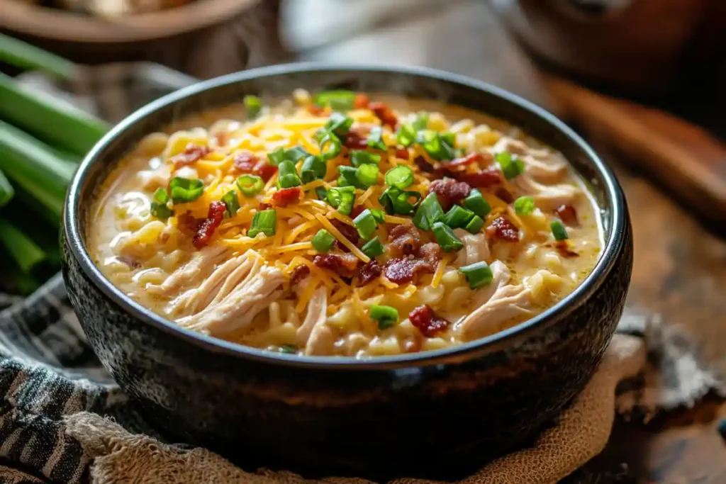 Crack Chicken Noodle Soup served in a rustic bowl with bread on the side