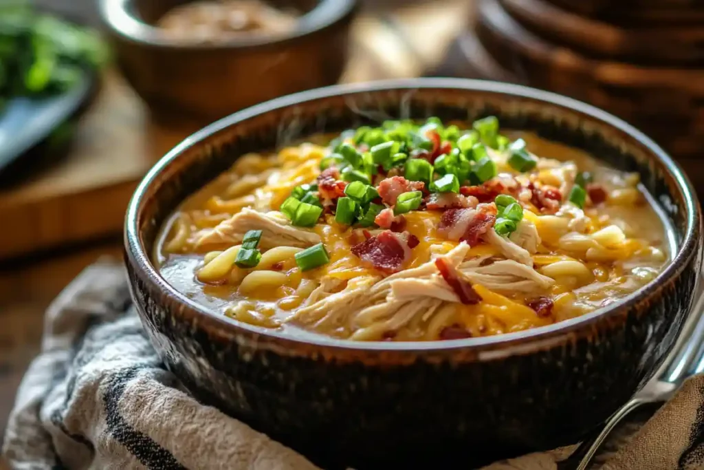 Bowl of Crack Chicken Noodle Soup with bacon and cheese topping