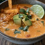 Bowl of creamy chicken tortilla soup topped with tortilla strips and cheese