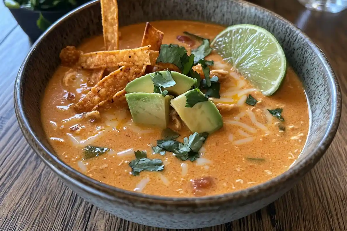 Bowl of creamy chicken tortilla soup topped with tortilla strips and cheese