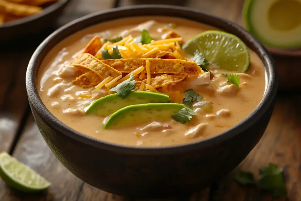 Pot of creamy chicken tortilla soup simmering on the stove