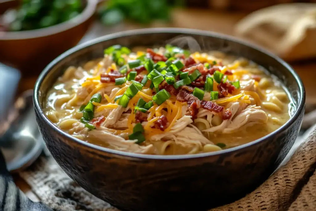 Close-up of creamy Crack Chicken Noodle Soup with egg noodles