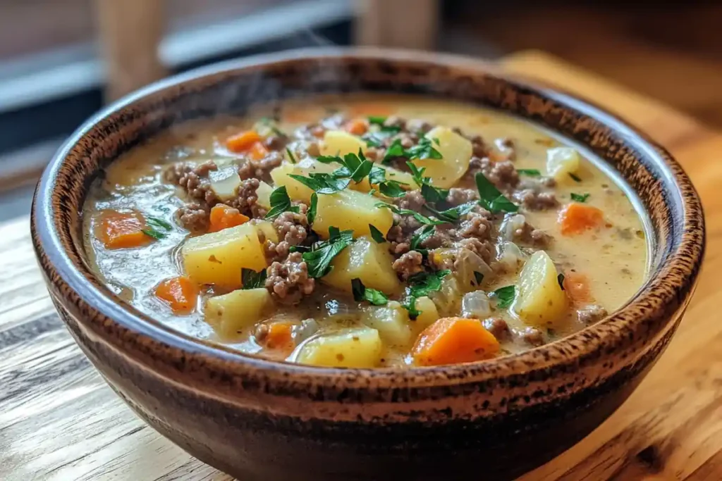 Close-up of creamy hamburger potato soup with fresh parsley.