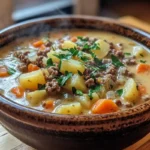 Close-up of creamy hamburger potato soup with fresh parsley.