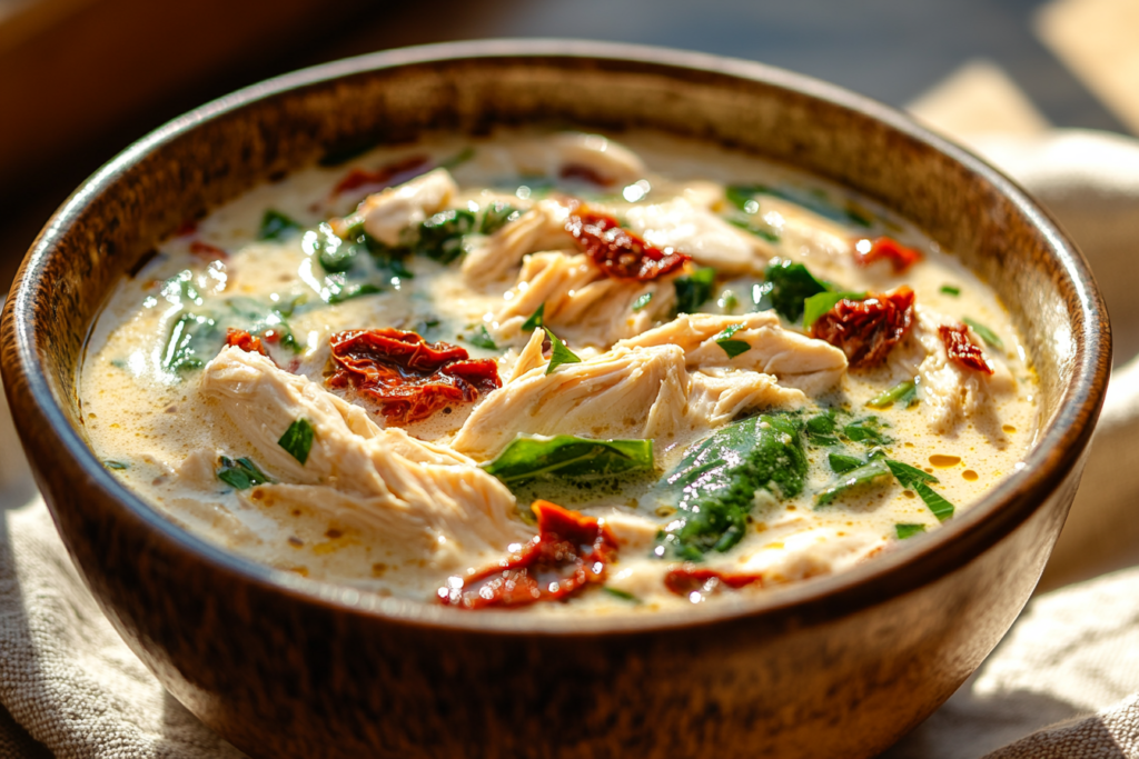 Bowl of creamy Marry Me Chicken Soup with herbs