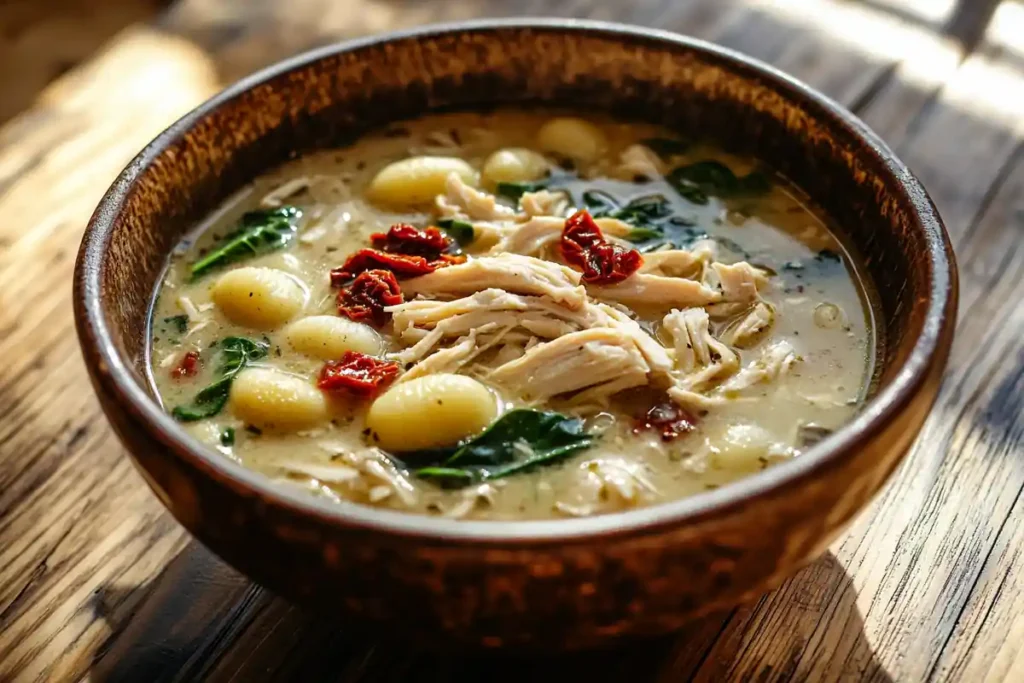 Bowl of creamy Marry Me chicken soup with gnocchi and spinach