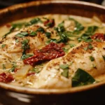 Bowl of creamy Marry Me Tuscan Chicken Soup with fresh herbs