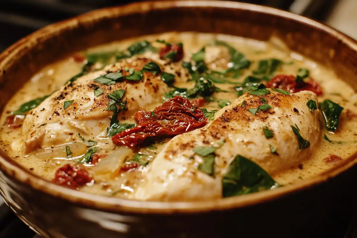 Bowl of creamy Marry Me Tuscan Chicken Soup with fresh herbs