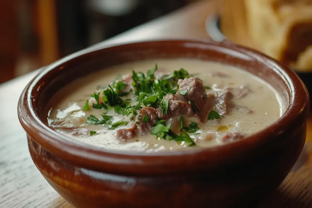 Close-up of Cream of Bunny Soup with chunks of rabbit meat