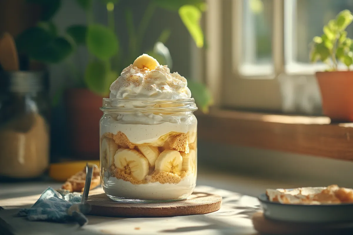 Vegan banana pudding in a jar with banana slices