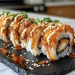 Chicken Tempura Roll sliced and served on a black plate