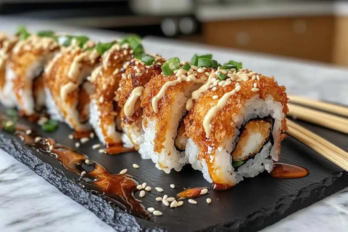 Chicken Tempura Roll sliced and served on a black plate